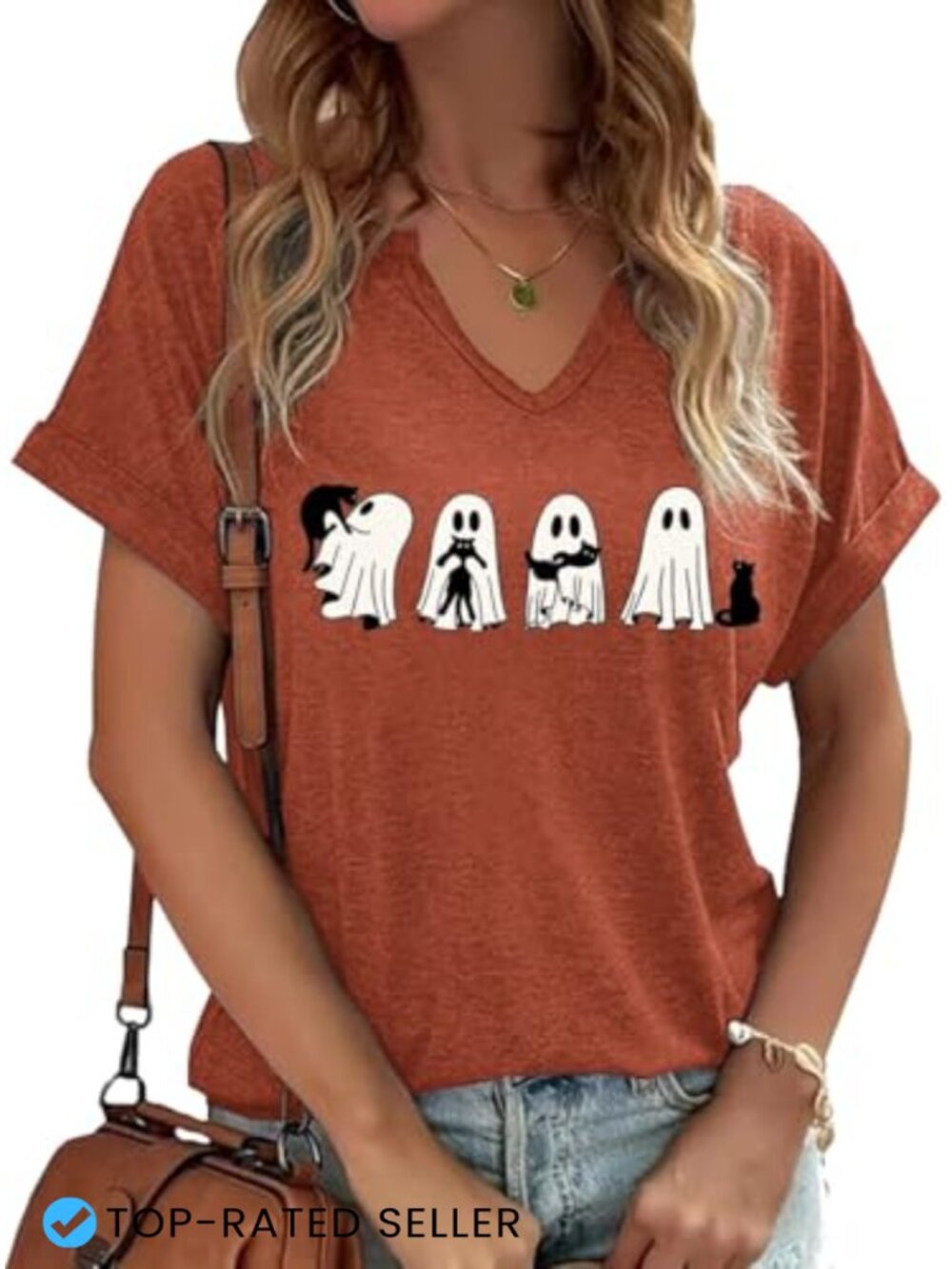 Women's V-Neck Short Sleeve Graphic Tee Halloween Black Cat Ghost Fall Party